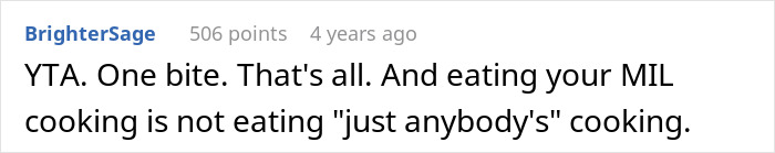 A Reddit comment suggesting the woman should have eaten one bite of MIL's cooking.