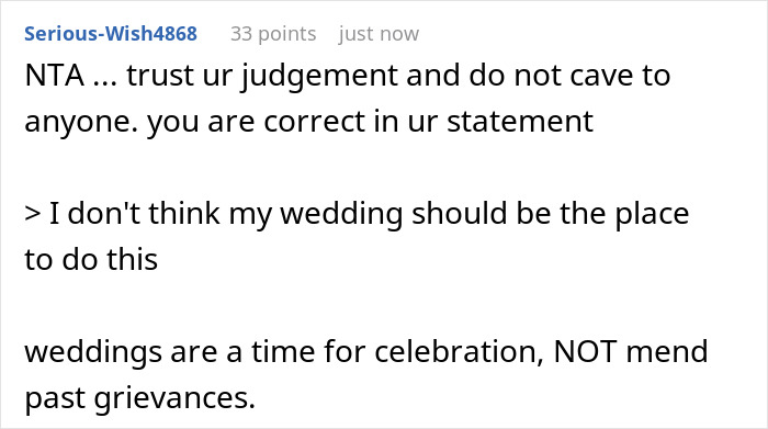 A Reddit comment affirming the woman's judgment on her wedding, stating weddings are for celebration, not grievances. Main keyword: wedding. A Reddit comment affirming the woman's judgment on her wedding, stating weddings are for celebration, not grievances. Main keyword: wedding.