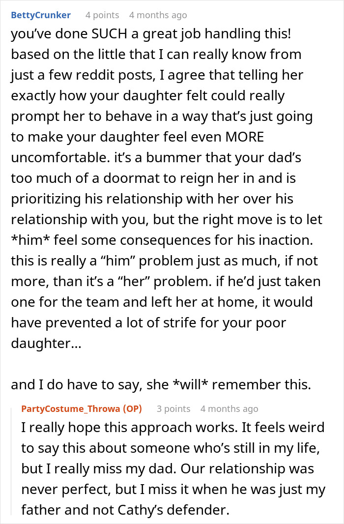 A Reddit comment praising the handling of the stepmom hijacking the kid's birthday, with father's inaction discussed. A Reddit comment praising the handling of the stepmom hijacking the kid's birthday, with father's inaction discussed.