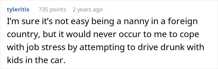 A comment expressing concern about a nanny driving drunk with kids during a family vacation.