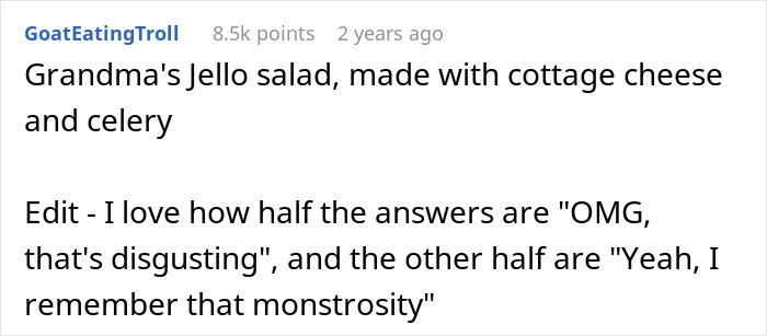 Disgusting food: Grandma's Jello salad with cottage cheese and celery, an unappetizing dish.