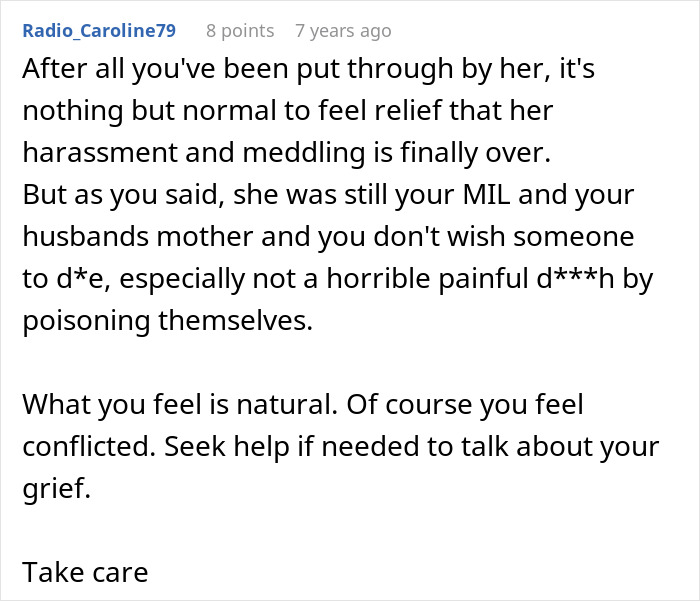 A Reddit comment expressing that relief is normal after harassment from the crazy MIL, who couldn't survive her most recent potion.