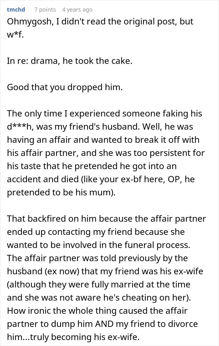 A comment relates a story about a husband who faked his d***h, similar to the boyfriend's prank. A comment relates a story about a husband who faked his d***h, similar to the boyfriend's prank.