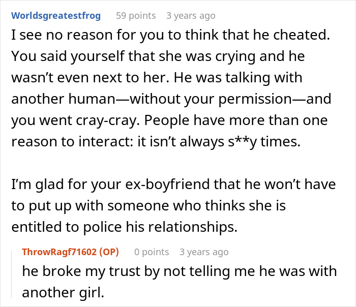 A screenshot showing an online comment from Worldsgreatestfrog, offering a take on a cheating ex situation.