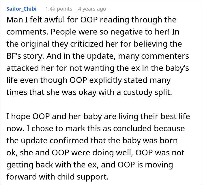 An online post from Sailor_Chibi concluding the story of a pregnant woman and her baby, moving on from the boyfriend. An online post from Sailor_Chibi concluding the story of a pregnant woman and her baby, moving on from the boyfriend.