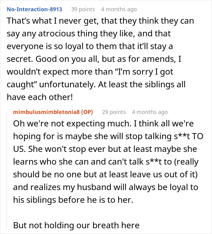 A Reddit comment expressing disbelief at the gossiping mom's horrible comments and her expectation of loyalty.