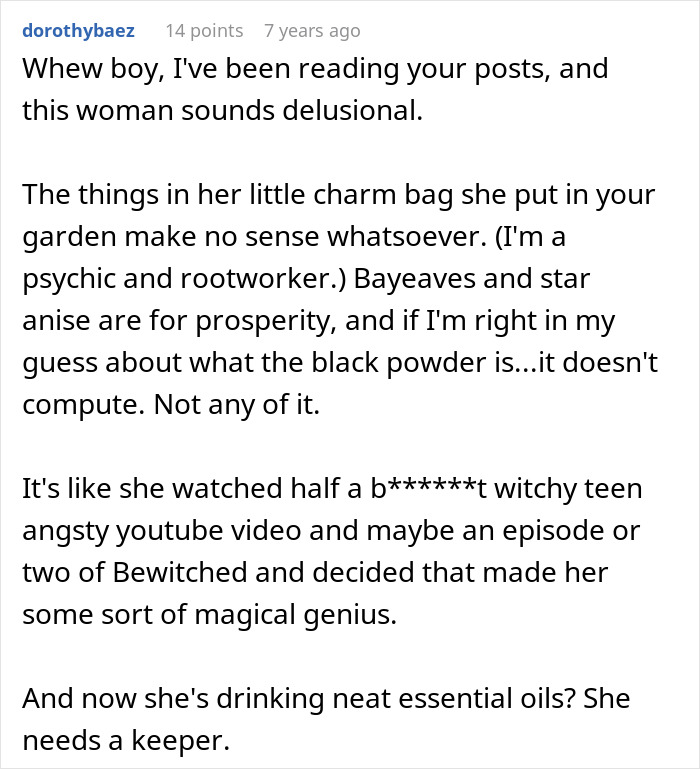 A Reddit comment describing a crazy MIL's delusional witching practices, including using essential oils and charm bags.