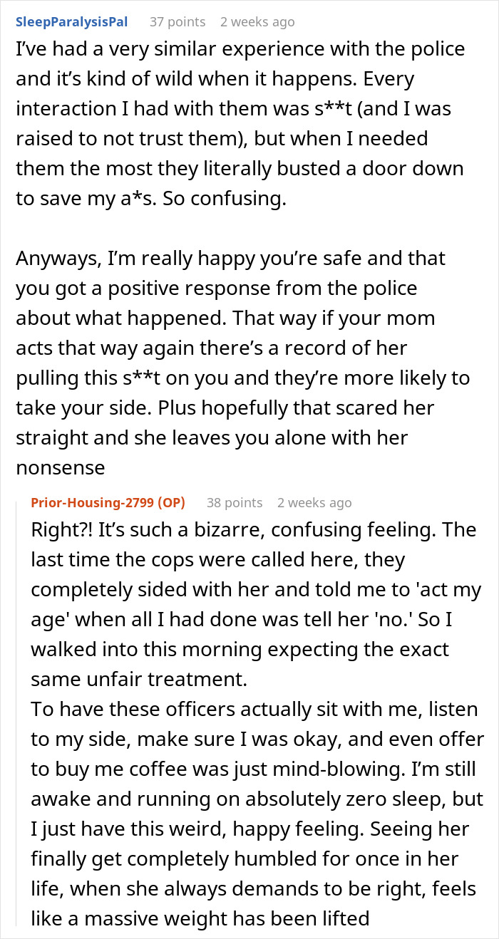 Screenshot of comments from someone with a similar experience, regarding the police and a narcissist mom. Screenshot of comments from someone with a similar experience, regarding the police and a narcissist mom.