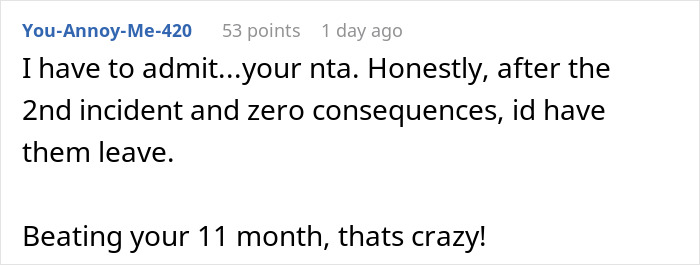 A Reddit comment supporting the man punishing his nephew for punching his baby daughter, emphasizing the need for consequences.