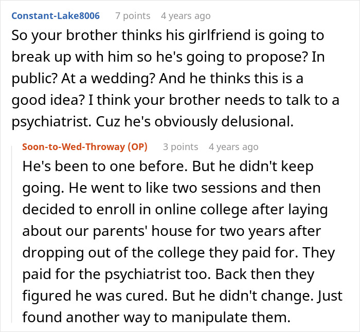 A screenshot of a Reddit comment where a user questions an entitled man's plan to propose at a brother's wedding.