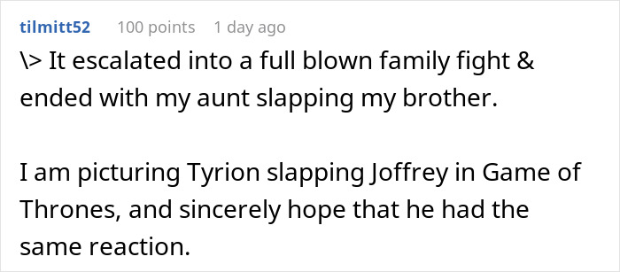 A comment picturing a family fight and an aunt slapping a brother who wore a dress to a wedding. A comment picturing a family fight and an aunt slapping a brother who wore a dress to a wedding.