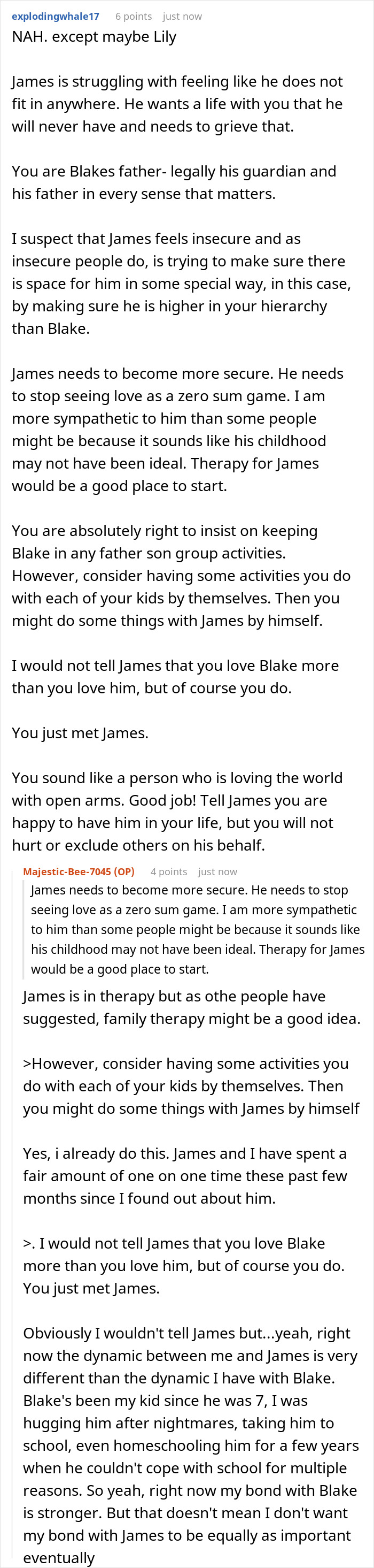 A screenshot of a Reddit comment section about a dad refusing to separate his sons by blood or adoption, and his newly found bio son taking it personally. A screenshot of a Reddit comment section about a dad refusing to separate his sons by blood or adoption, and his newly found bio son taking it personally.