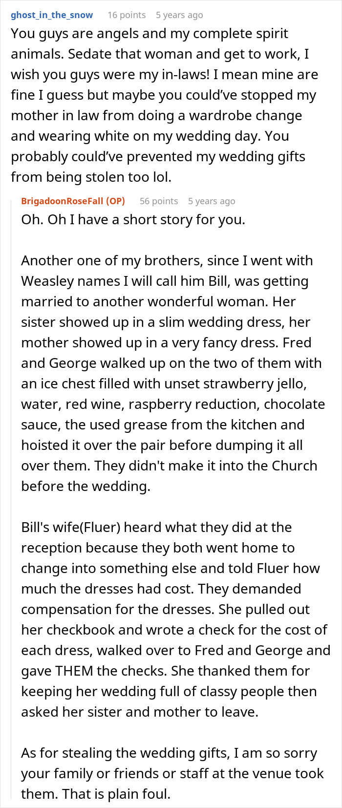 A Reddit comment details a story about a MIL sabotaging a wedding, with guests saving the day. A Reddit comment details a story about a MIL sabotaging a wedding, with guests saving the day.