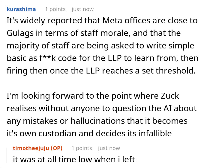 A screenshot showing a Reddit comment about AI replacing Meta workers, highlighting the impact of AI on jobs. A screenshot showing a Reddit comment about AI replacing Meta workers, highlighting the impact of AI on jobs.