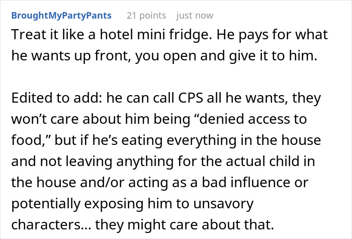 Online comment advising on handling a moocher brother raiding food and bringing up CPS.