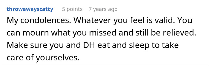 A screenshot of a Reddit comment offering condolences for the passing of the crazy MIL after her potion.