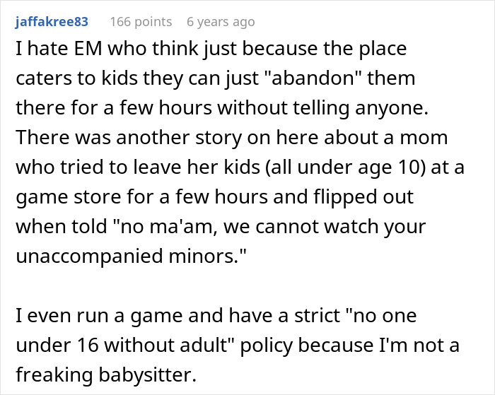 Reddit comment discussing an entitled mom abandoning kids at community class and free daycare. Reddit comment discussing an entitled mom abandoning kids at community class and free daycare.