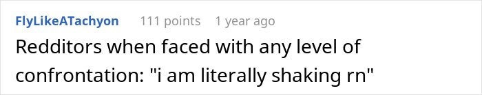A comment about Reddit users and confrontation, relating to a woman physically stopping a stranger.