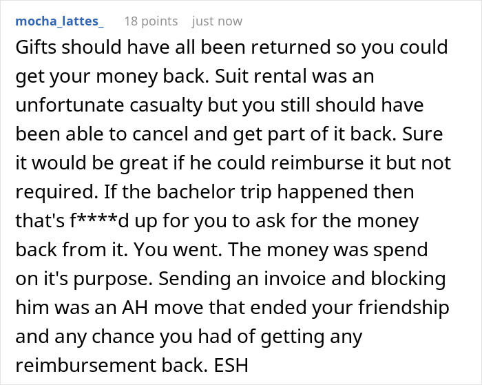 A screenshot showing a comment discussing a groomsman wanting back wedding expenses, including suit rental and bachelor trip costs. A screenshot showing a comment discussing a groomsman wanting back wedding expenses, including suit rental and bachelor trip costs.