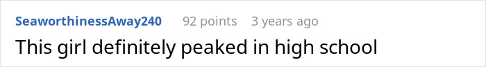 A screenshot of a Reddit comment implying the woman complaining about her cheating ex peaked in high school.