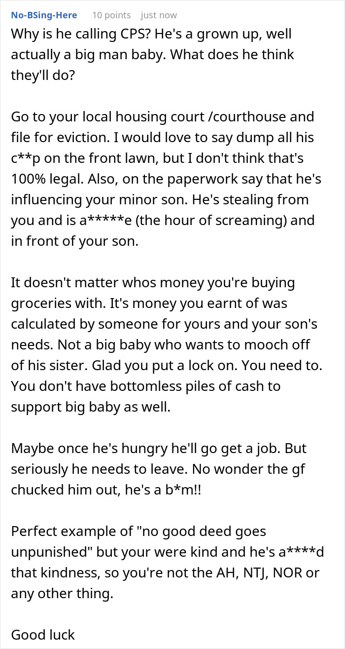 A screenshot of a Reddit thread where a user discusses a moocher raiding food, getting violent, and bringing up CPS.