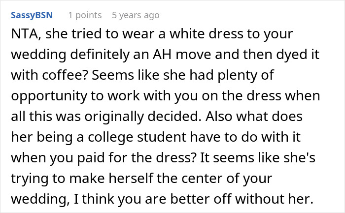 A screenshot of a comment about a MOH replacing a dress, causing a bride to be shocked, ending their friendship. A screenshot of a comment about a MOH replacing a dress, causing a bride to be shocked, ending their friendship.