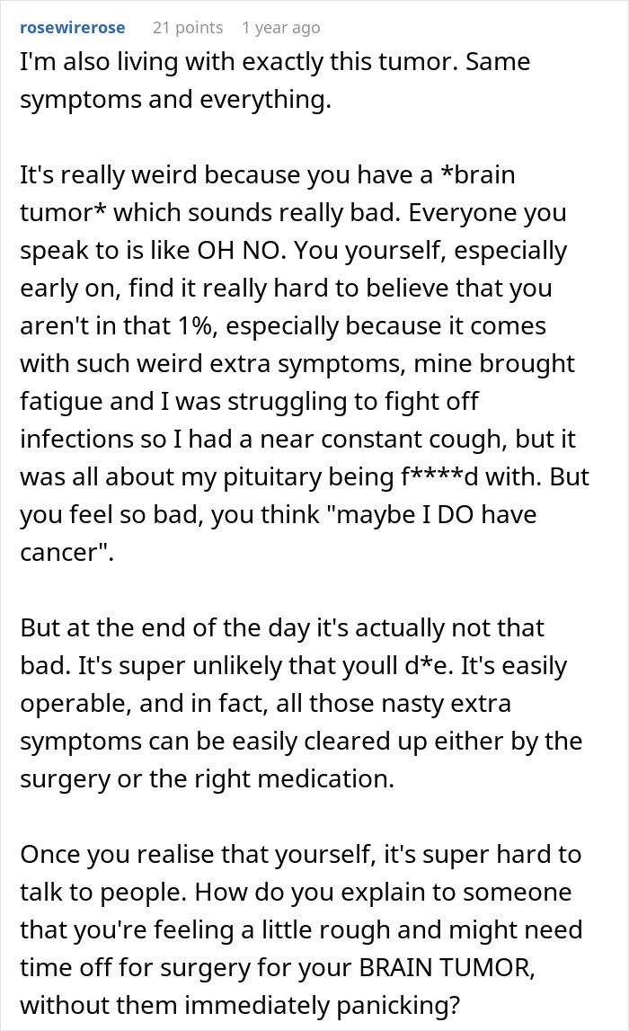A Reddit comment explaining the experience of living with a brain tumor, including symptoms like fatigue and constant cough, and the emotional impact.