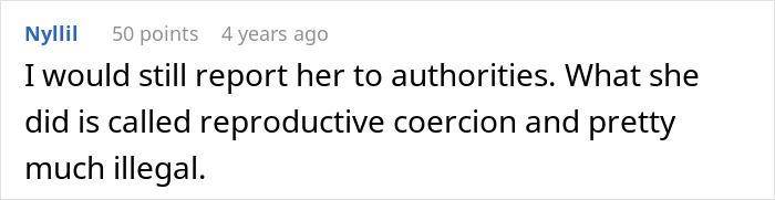 A Reddit comment explaining that reproductive coercion to make DIL have kids is illegal.