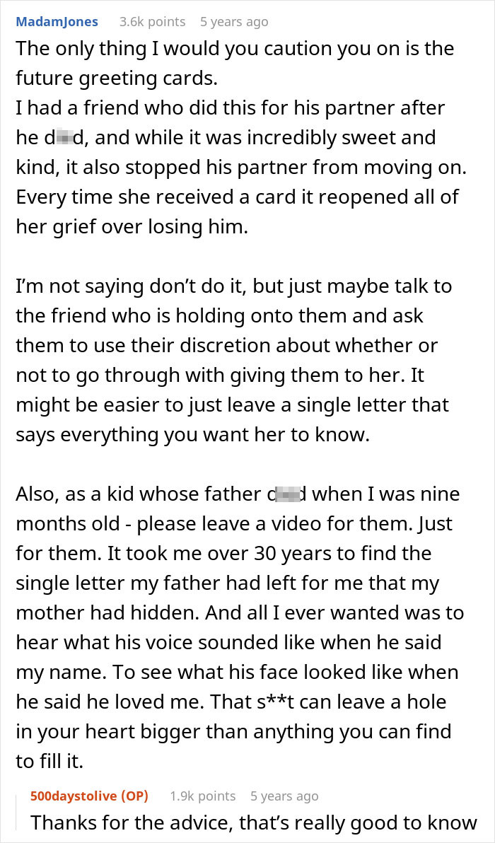 A comment cautioning a husband about future greeting cards to his wife, sharing an experience of renewed grief. A comment cautioning a husband about future greeting cards to his wife, sharing an experience of renewed grief.