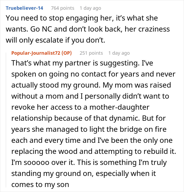 Screenshot of text about delusional mom threatening to sue daughter because she doesnt feel safe around her dog. Screenshot of text about delusional mom threatening to sue daughter because she doesnt feel safe around her dog.