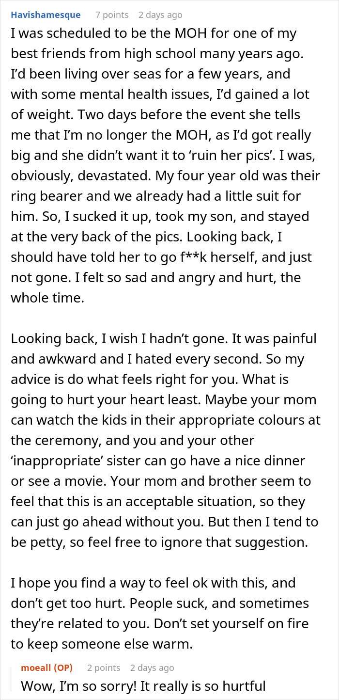 A user shares their story of being removed as Maid of Honor due to weight, discussing the bride's bridesmaid dress expectations. A user shares their story of being removed as Maid of Honor due to weight, discussing the bride's bridesmaid dress expectations.