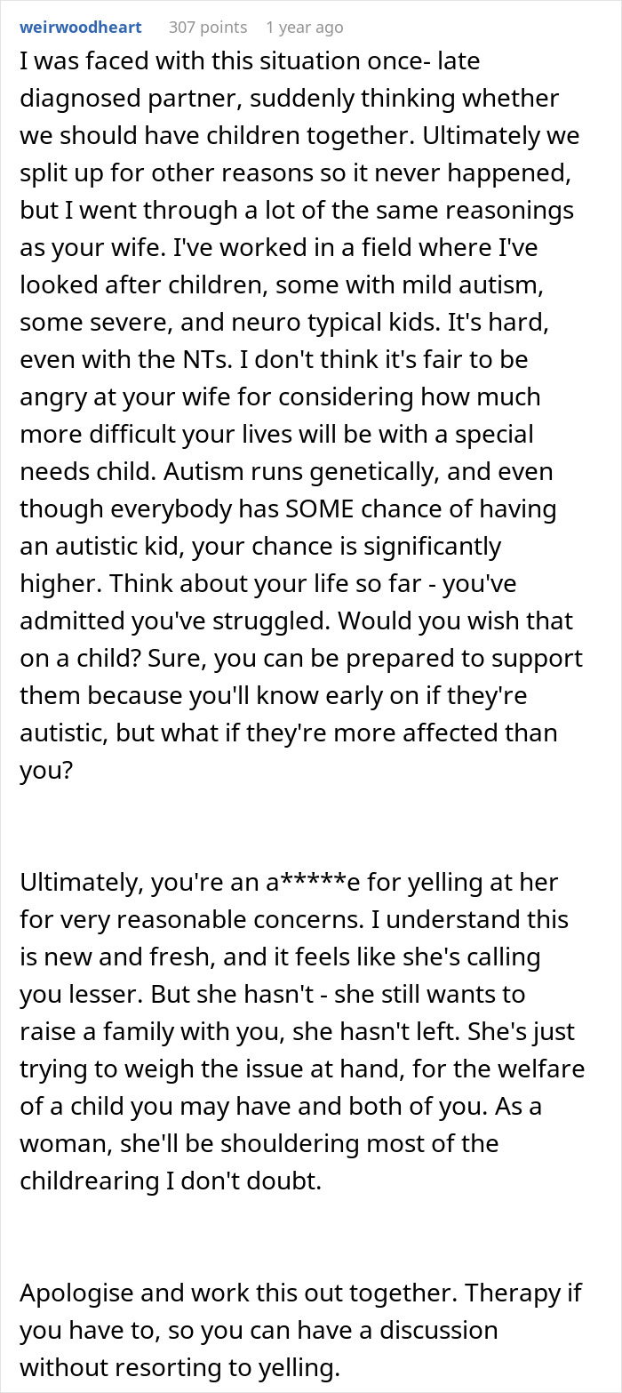 A social media comment discussing the wife's change of mind about having kids after an autism diagnosis. A social media comment discussing the wife's change of mind about having kids after an autism diagnosis.