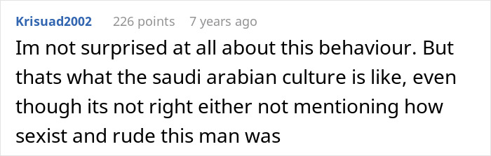 Screenshot of a comment expressing no surprise at the Saudi dad's sexist behavior on the Arctic tour. Screenshot of a comment expressing no surprise at the Saudi dad's sexist behavior on the Arctic tour.