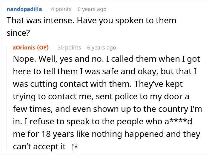 A comment discussing cutting contact with toxic parents after the 18YO daughter left the country. A comment discussing cutting contact with toxic parents after the 18YO daughter left the country.