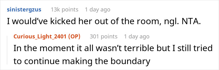 A screenshot showing a comment suggesting kicking Mom out during DILs delivery for her nurse mode behavior.