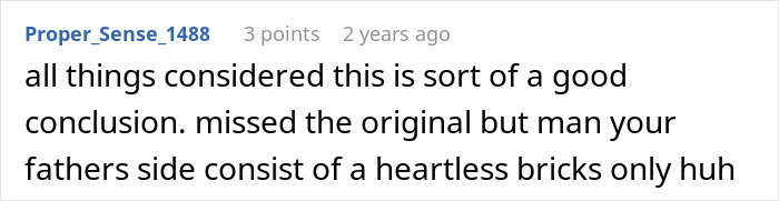 A Reddit comment concluding on the family vacation decision, mentioning a 'heartless' father's side.