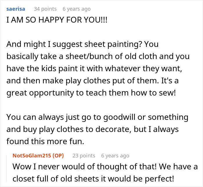 Man's shiny spine: A Reddit comment suggesting sheet painting as a creative activity for kids after kicking his mom out. Man's shiny spine: A Reddit comment suggesting sheet painting as a creative activity for kids after kicking his mom out.