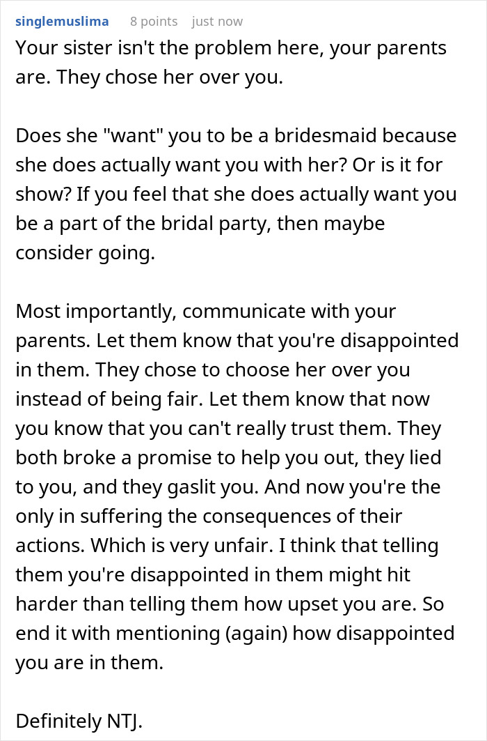 Screenshot of a comment suggesting communication with parents after learning a sister received her college fund. Screenshot of a comment suggesting communication with parents after learning a sister received her college fund.