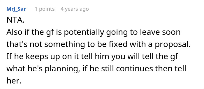 A comment from MrJ_Sar, suggesting to tell the girlfriend about the entitled man's plan to propose at the wedding.