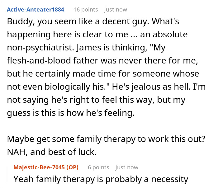 A Reddit comment discussing the jealousy of a newly found bio son toward his adopted son and recommending family therapy. A Reddit comment discussing the jealousy of a newly found bio son toward his adopted son and recommending family therapy.