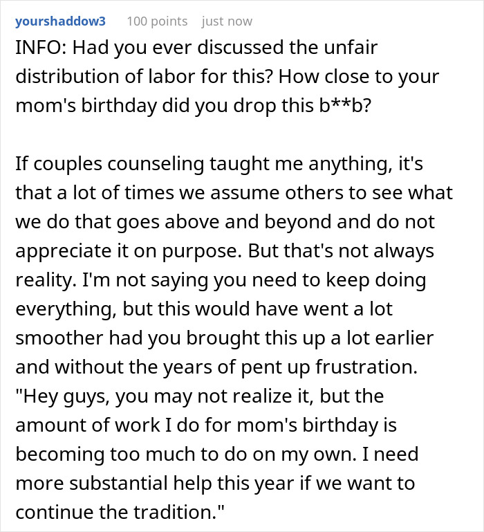 A user comment discussing communication about unfair labor distribution for a Mom's B-Day. A user comment discussing communication about unfair labor distribution for a Mom's B-Day.