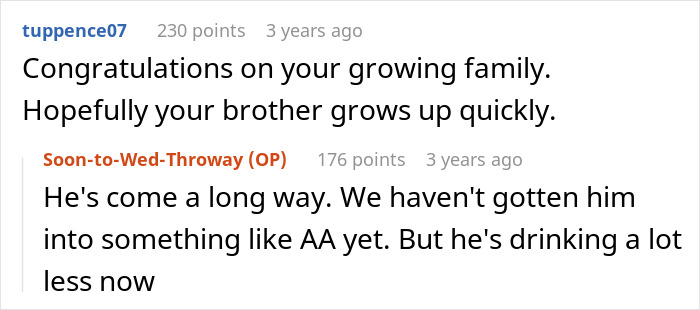 A screenshot showing a comment and reply about an entitled man growing and drinking less.