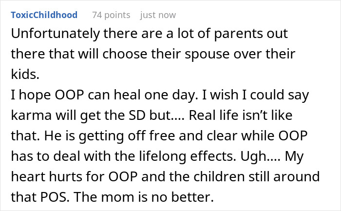 A comment lamenting parents choosing a spouse over their kids in a spy camera room step dad scenario. A comment lamenting parents choosing a spouse over their kids in a spy camera room step dad scenario.