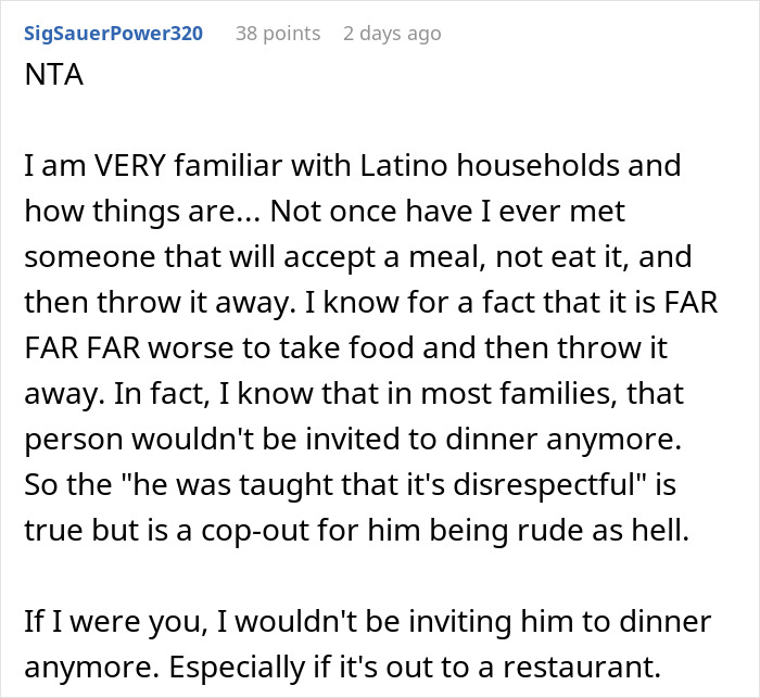 A Reddit comment details a boyfriend's costly dinner table habit, emphasizing that throwing away food is worse than not taking it. A Reddit comment details a boyfriend's costly dinner table habit, emphasizing that throwing away food is worse than not taking it.