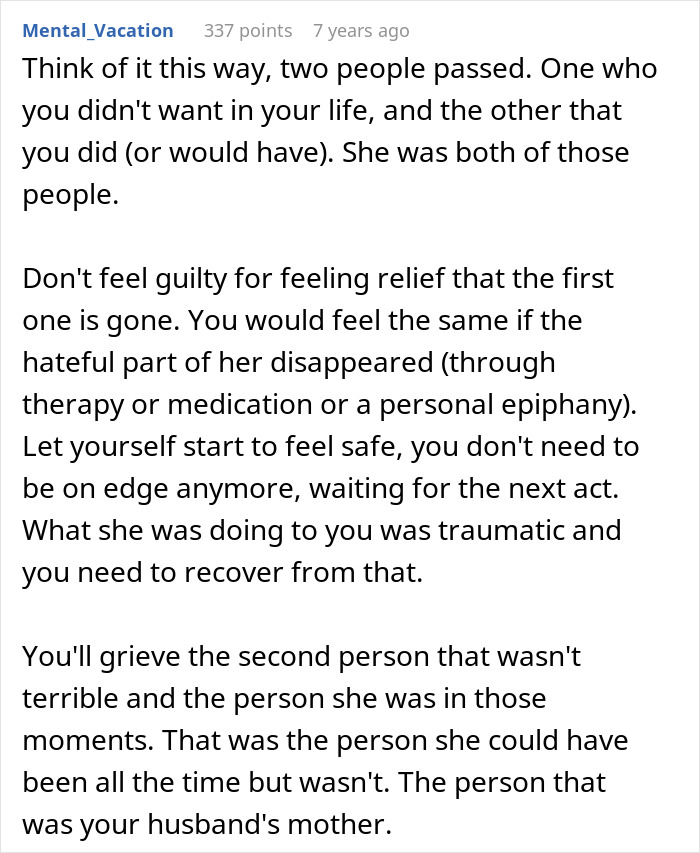 A comment discussing the complex emotions of losing a crazy MIL, acknowledging relief and the trauma she caused.