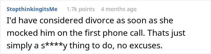 A comment suggesting divorce for a guy horrified by his postpartum wife's expectations despite his cancer diagnosis.