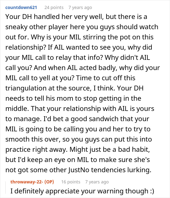 A Reddit comment advising the user to address the mother-in-law's interference in the relationship.