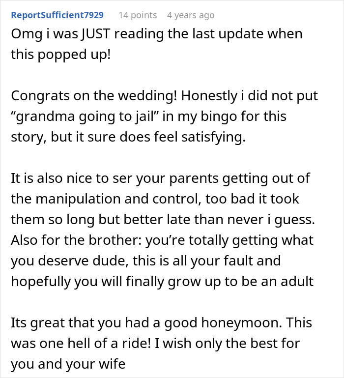 A Reddit comment from a user named ReportSufficient7929, discussing an entitled man and a brother's wedding proposal plan.
