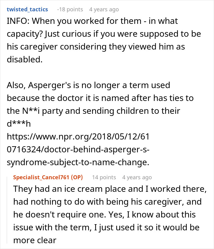 A screenshot of a Reddit comment explaining the term Asperger's in relation to the autistic guy's diagnosis. A screenshot of a Reddit comment explaining the term Asperger's in relation to the autistic guy's diagnosis.