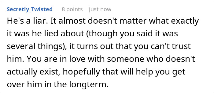 A Reddit comment from Secretly_Twisted about a guy who pretends to be younger, advising a GF about the truth. A Reddit comment from Secretly_Twisted about a guy who pretends to be younger, advising a GF about the truth.